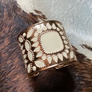 Big Wide Metal Bangle Cuff Bracelet in Cream and Gold Tone